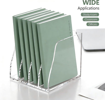 YUXUN Clear Acrylic File Folder Holder - 4 Vertical Compartments Desk Document Sorter, Upright Magazine Rack for Office/Home/Classroom, Stores Documents, Tablets, Magazines, Books & Accessories