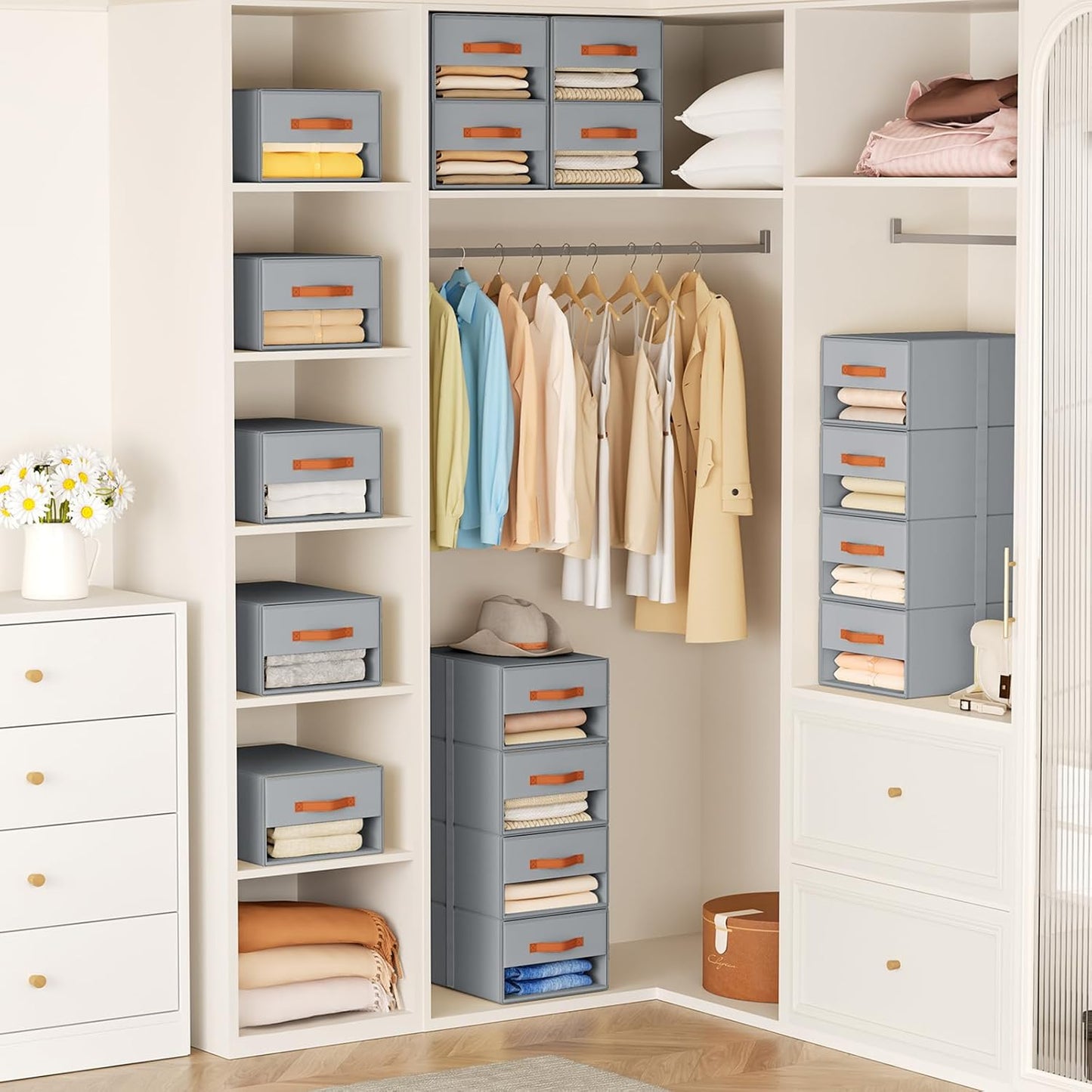 DIMJ Closet Organizers and Storage - Fabric Bins with Drawers for Closet Foldable Clothes Organizers with Clear Window, Stackable Storage Drawers Units for Bedroom, Living Room, 4-Pack, Grey
