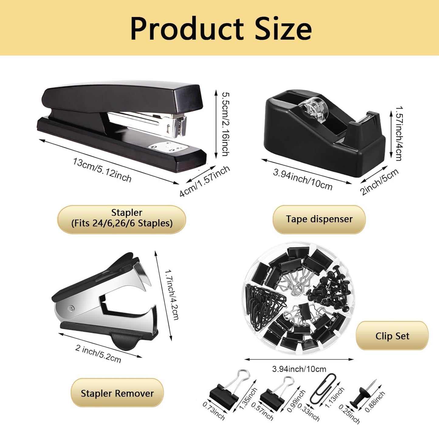 suniya Office Supplies,Gold Desk Accessories,with Stapler,Tape Dispenser,Pen Holder,Scissors,Phone Stand,Staple Remover,Ballpoint Pen,Clear Tape, Staples,Ruler,Clips,Best Gift for Business or Boss
