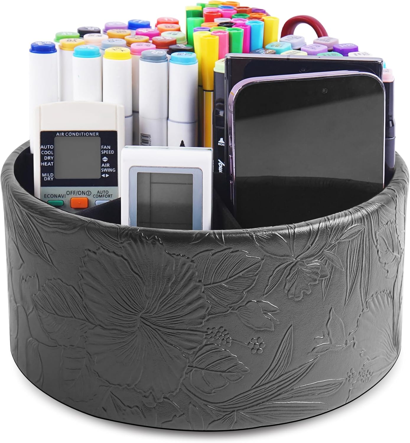 lizimandu Round Leather Art Supply Organizer,Remote Control Holder,360 Degree Spinning,Multi-Functional Pencil Holder,4 Compartments Desktop Stationary Organizer(1-Gold) - Colors B