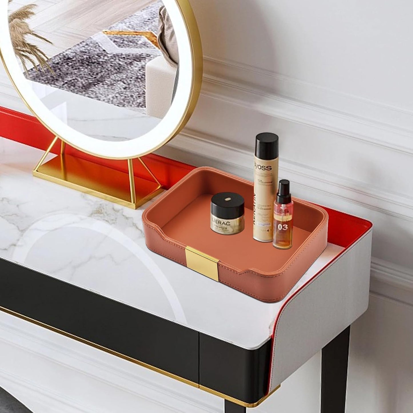 Luxury Leather Valet Tray Desktop Storage Organizer,Bedside Vanity Catchall Tray Nightstand Caddy Holder for Cosmetic,Jewelry,Watch,Keys,Phone,Wallet,Remote Controller,Pen,Black