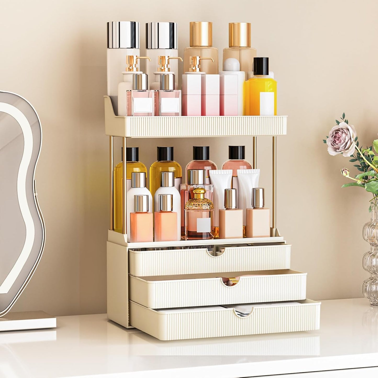caktraie 12.2" W Makeup Organizer Drawers - 5 Tiers Bathroom Counter Organizer, Cosmetic Storage Drawer for Dresser Countertop and Bathroom Vanity for Large Skincare, Perfume, Clear