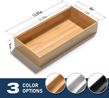 VeyFey Bamboo Drawer Organizer, Stackable Utensil Organizer for Kitchen, Bamboo Storage Box Wood Silverware Tray for Drawer 15" x 6" x 2" Set of 2
