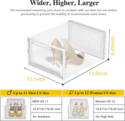 Kuject X-Large Shoe Storage Boxes Organizers Clear Plastic Stackable 12 Pack, Shoe Rack & Holder Substitute, Sneaker Containers, Toy Storage Organizer Bins for Entryway, Closet, Under Bed, Black