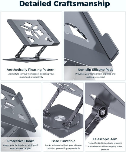 Aoviho 360° Rotating Laptop Stand for Desk | Adjustable, Foldable, Portable Aluminum Ergonomic Riser | Compatible with MacBook, Dell, HP & All Laptops 10-16 inch | Gray