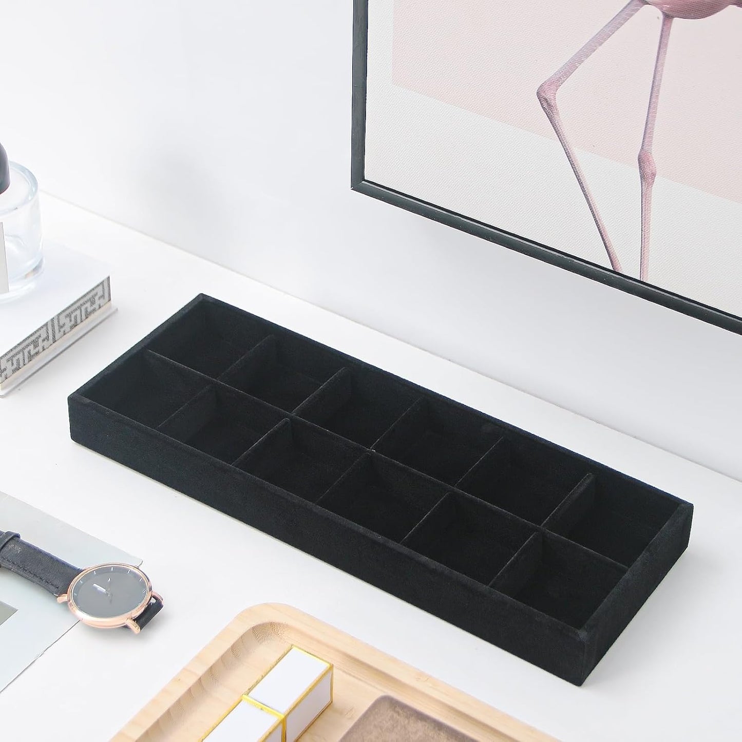 Divided Drawer Organizer Tray, Velvet Jewelry Storage Tray, Necklace Bracelet Ring Earring Display Tray,Bedside Nightstand Desk Holder Tray for Phone Watch Sunglasses Cosmetics Storage/Beige/1grid