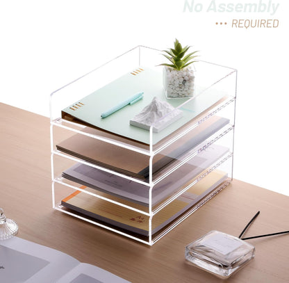 SANRUI 4-Tier Acrylic Stackable Desk Organizer Trays – Clear Vertical Paper Tray for A4/Letter Files, Folders & Office Supplies – Modular Desktop Storage Shelf, Workspace & Home Organization