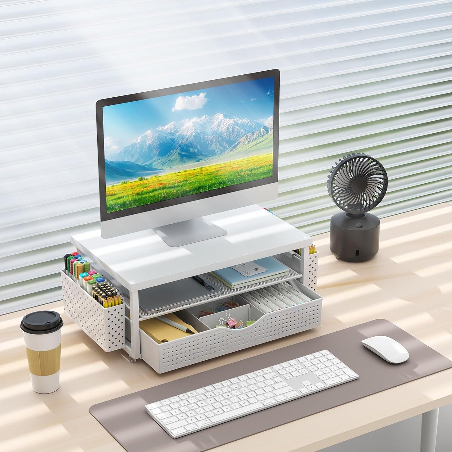 gianotter Wood Monitor Stand Riser, Office Desk Shelf Organizer, Desk Organizer with Drawer and Pen Holder, 2-Tier Computer Stand, Office Organization (Ink)