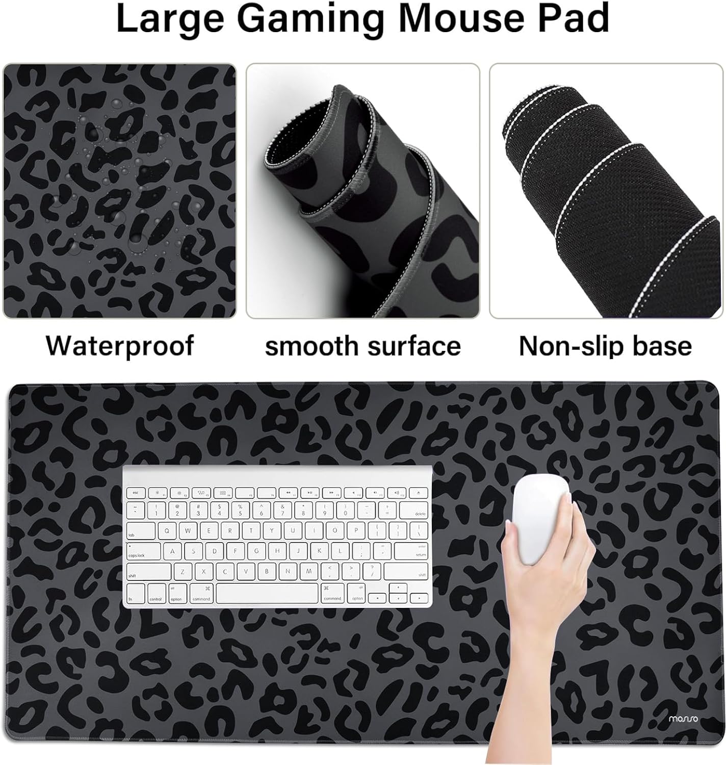 MOSISO Wrist Rest Support for Mouse Pad&Keyboard Set, Ergonomic Large Leopard Grain Desk Mat&Coaster Set, Non-Slip Mousepad&Pain Relief&Easy Typing Cushion with Memory Foam for Home Office, Black