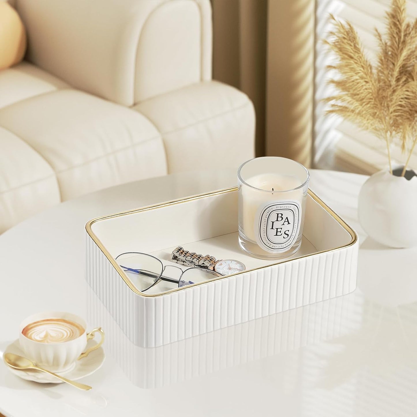 Desk Organizer Tray, PU Leather Nightstand Organizer Perfume Valet Tray for Men Women, Decorative Vanity Trays Trinket Dish Key Bowl for Entryway Table (2pcs, Ivory, Large+Small)