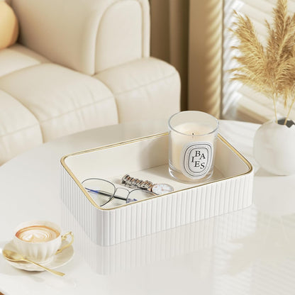 Desk Organizer Tray, PU Leather Nightstand Organizer Perfume Valet Tray for Men Women, Decorative Vanity Trays Trinket Dish Key Bowl for Entryway Table (2pcs, Ivory, Large+Small)