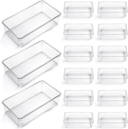 Maitys 12 Pcs Clear Drawer Organizer 9 x 3 x 2 Inches Plastic Rectangle Trays Makeup Vanity Storage Bins and Kitchen Drawers Dividers for Office Desk Silverware Kitchen Utensils(Clear)
