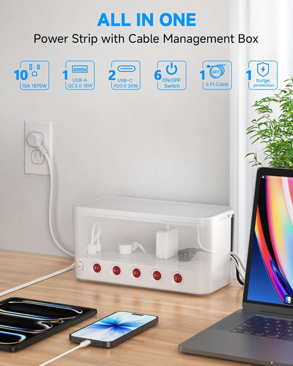 Surge Protector Power Strip with Cable Management Box,Cord Organizer Box with 10 Outlets and 3 USB Ports,Individual Switches,6 ft Flat Plug Extension Cord,Under-Desk and Desk Wire Storage Hider,White