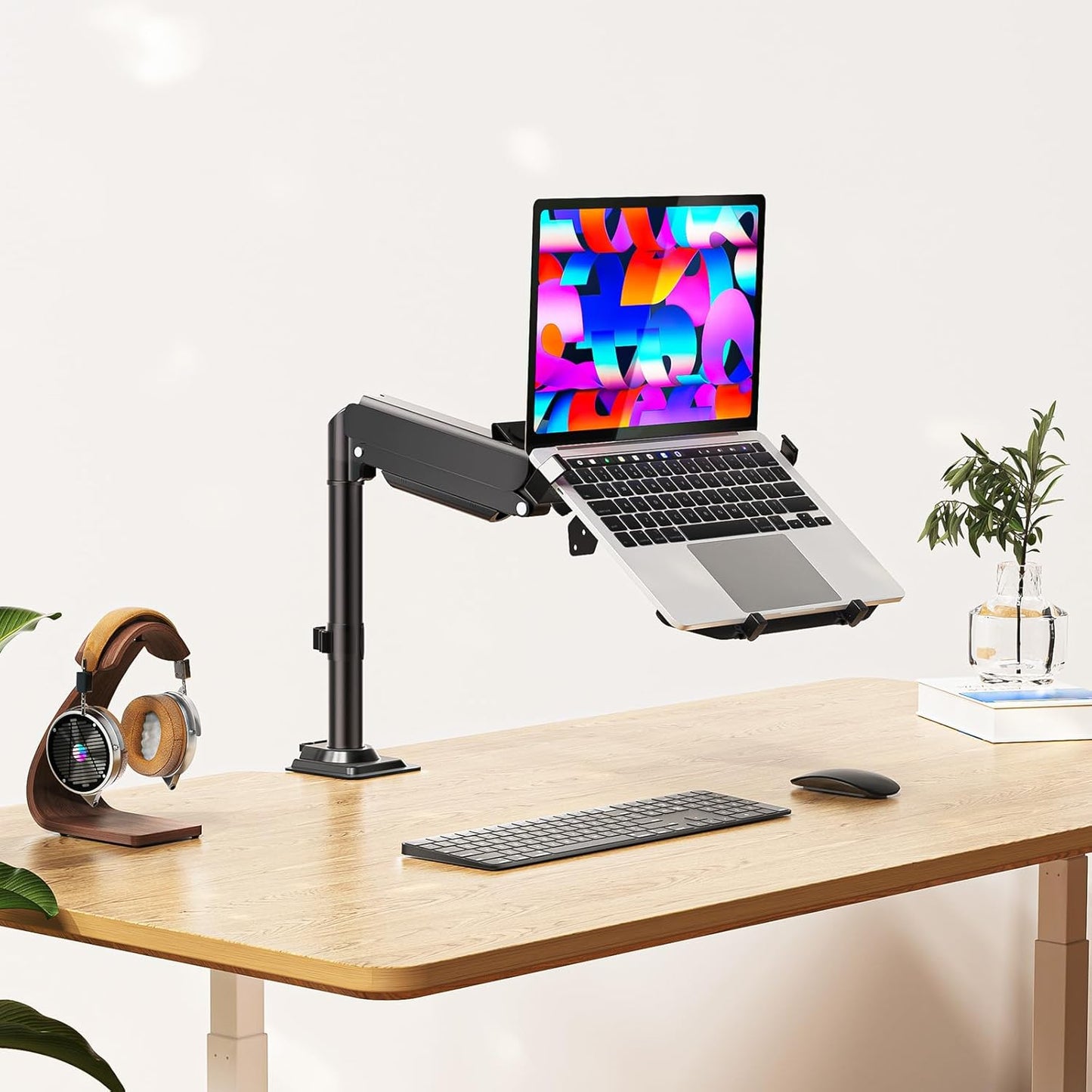 WALI Laptop Desk Mount for 17 inch Notebook, Adjustable Single Monitor Arm with Laptop Holder for 32 inch Screen, Laptops Stand with Ventilated Tray, Up to 22 lbs, (M00LP), Black