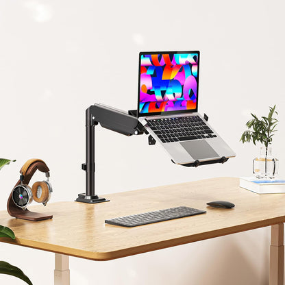 WALI Laptop Desk Mount for 17 inch Notebook, Adjustable Single Monitor Arm with Laptop Holder for 32 inch Screen, Laptops Stand with Ventilated Tray, Up to 22 lbs, (M00LP), Black