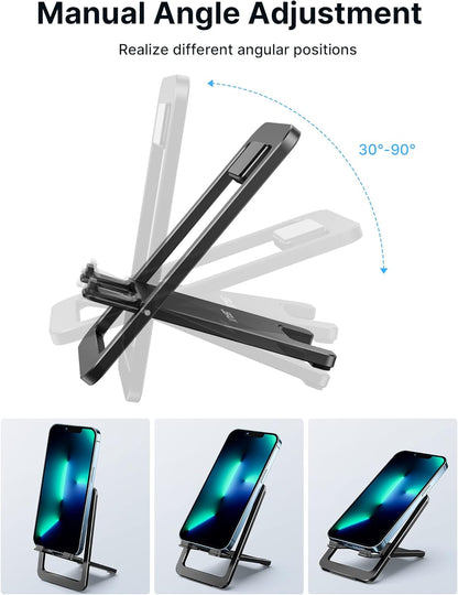 JSAUX Cell Phone Stand, Foldable Aluminum Adjustable Phone Holder for Desk Portable Travel Essentials Office Accessories for iPhone 17 16 15 14 13 Pro Max Samsung S25 S24 S23 Ultra Kindle-Gray