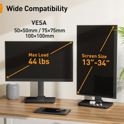 Perlegear Monitor Stand, Freestanding Monitor Mount for 13-34 inch Screens with 360 Degree Rotation, 5 Height Settings, Adjustable Desk Riser with Swivel and Tilt, Max VESA 100x100mm, PGTVS29