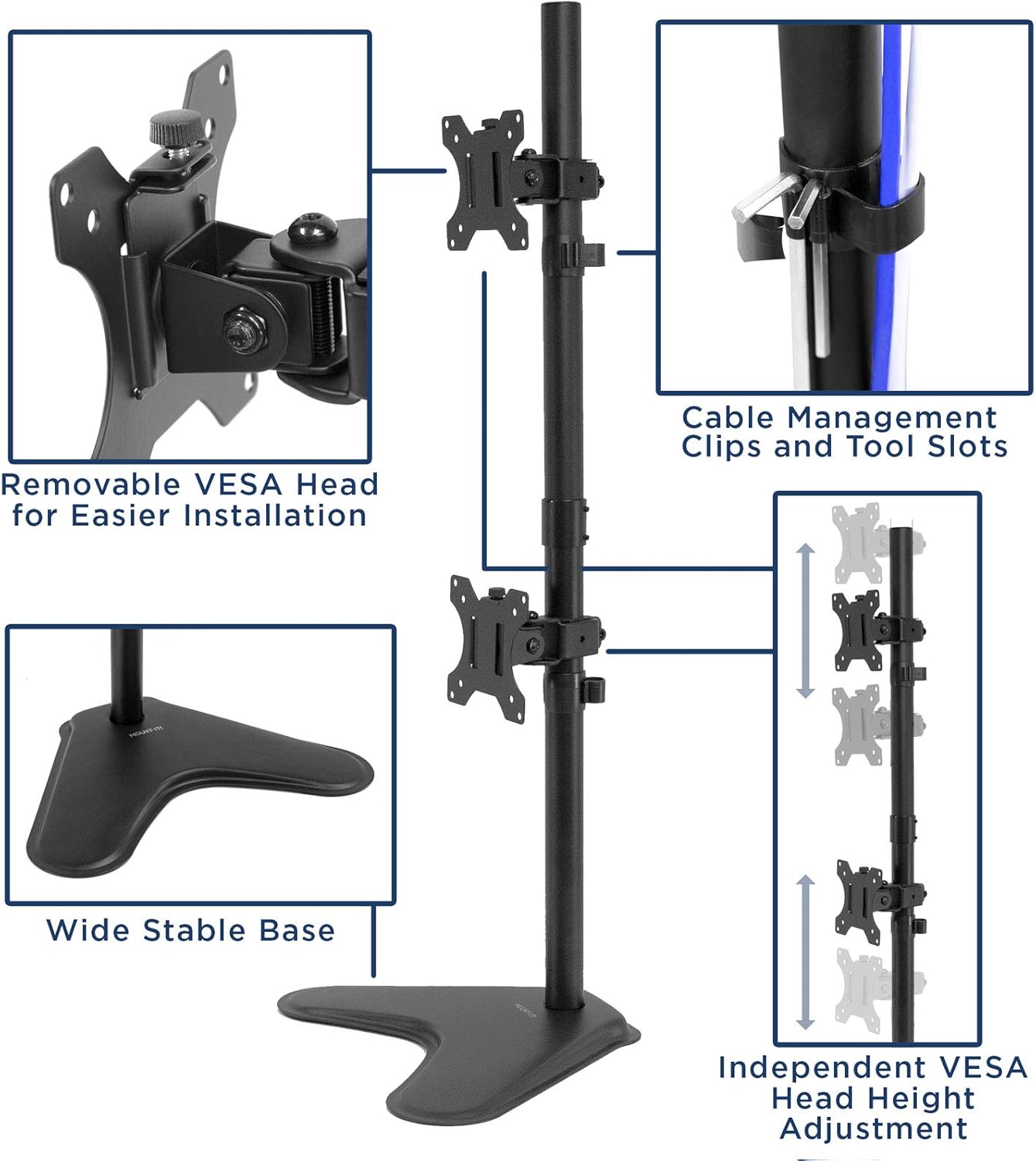 Mount-It! Vertical Dual Monitor Stand, Stacked Desk Mount Fits Two 13–32 Inch Screens up to 17.6 lbs Each, Height Adjustable Free Standing Pole with Tilt Swivel Rotate, Ergonomic VESA Riser, Black
