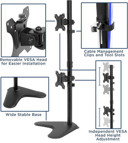 Mount-It! Vertical Dual Monitor Stand, Stacked Desk Mount Fits Two 13–32 Inch Screens up to 17.6 lbs Each, Height Adjustable Free Standing Pole with Tilt Swivel Rotate, Ergonomic VESA Riser, Black