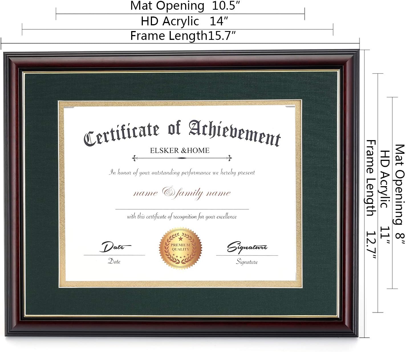 ELSKER&HOME Diploma Frame - Wide Solid Wood Frame - Black Velvet Golden Rim Mat - Semi-Tempered Glass - Includes Hanging Hardware and Desktop Easel(ONLY Display 11×14 Document/Certificate)