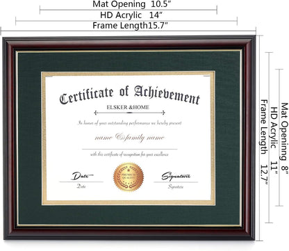 ELSKER&HOME Diploma Frame - Wide Solid Wood Frame - Black Velvet Golden Rim Mat - Semi-Tempered Glass - Includes Hanging Hardware and Desktop Easel(ONLY Display 11×14 Document/Certificate)