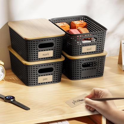 6Pcs Storage Bins with Lids, Stackable Plastic Storage Basket with Bamboo Lid, Pantry Organizer Box Small Containers for Organizing Shelves Drawer Desktop Closet Cabinet Office Classroom 10x7.1x4.1in