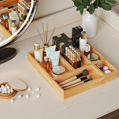 Bamboo Drawer Organizer Boxes, 5 PCS Junk Drawer Organizer, Wooden Storage Trays for Kitchen, Bathroom, Office, Makeup