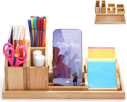 Cididu Bamboo Desk Vanity Tray, 7 Pieces Adjustable Pen Holder Stationery Caddy, Bathroom Vanity Organizer Set, Sturdy Countertop Tray Storage Boxes Office Supplies for Makeup Small Items Home Kitchen