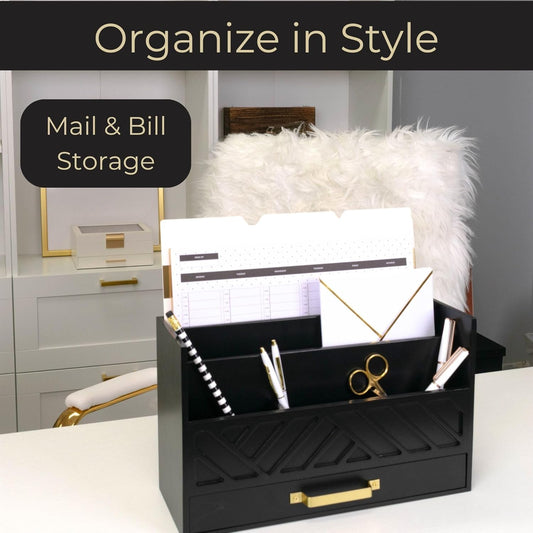 BLU MONACO | Pink Desk Organizers Wooden Mail Organizer with Drawer | Mail Sorter Organizer Countertop Gold Handle | Desk Organizers and Accessories Pink Office Storage