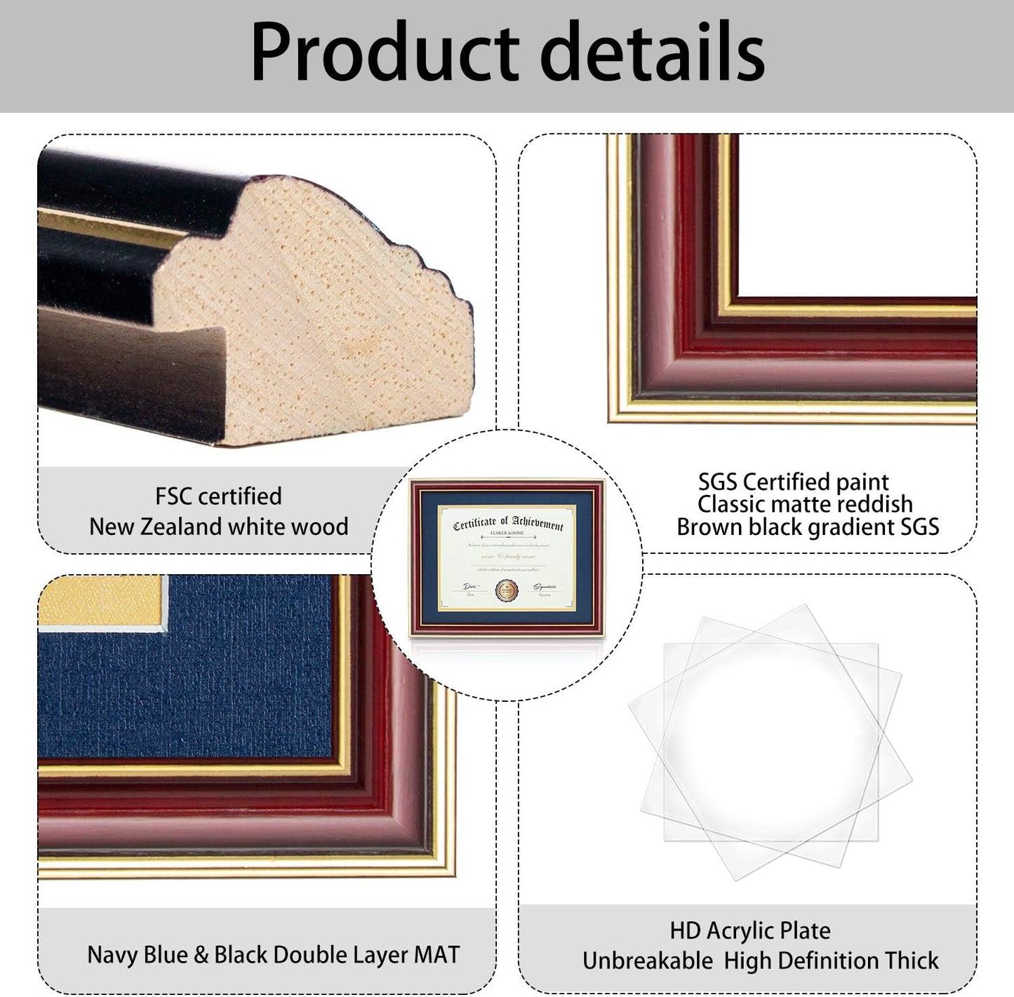 ELSKER&HOME Diploma Frame - Wide Solid Wood Frame - Black Velvet Golden Rim Mat - Semi-Tempered Glass - Includes Hanging Hardware and Desktop Easel(ONLY Display 11×14 Document/Certificate)