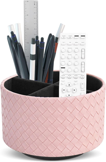 Hennaja Round Leather Art Supply Organizer,Remote Control Holder,360 Degree Rotating,Multi-Functional Pencil Holder,4 Compartments Desktop Stationary Organizer(1-Blue Bird) - Colors B