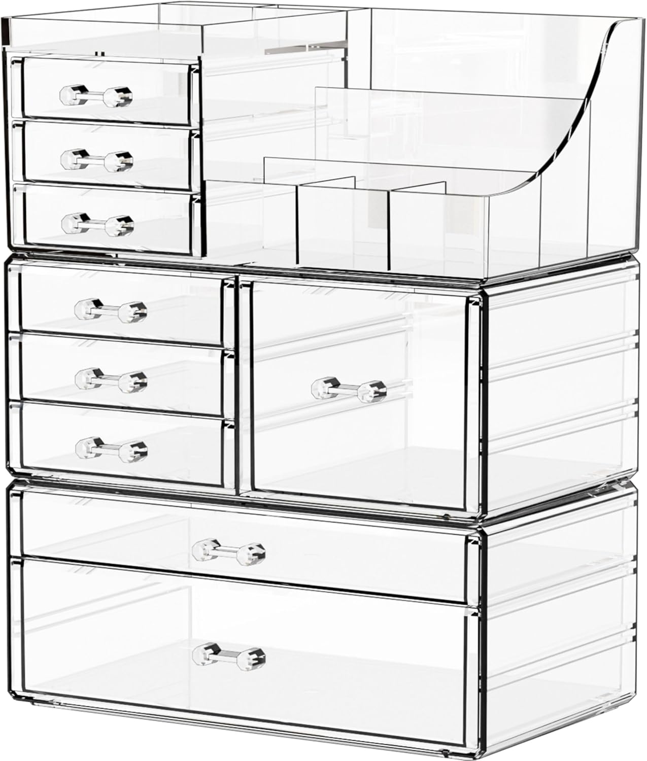 Yieach 3 Pack Clear Makeup Organizer Countertop for Dresser,Vanity and Bathroom Counter Organizer,Tiered Stackable Makeup Acrylic Organizers with 9 Drawer for Skincare,Brush and Make up Holders