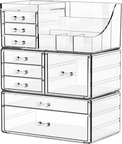 Yieach 3 Pack Clear Makeup Organizer Countertop for Dresser,Vanity and Bathroom Counter Organizer,Tiered Stackable Makeup Acrylic Organizers with 9 Drawer for Skincare,Brush and Make up Holders