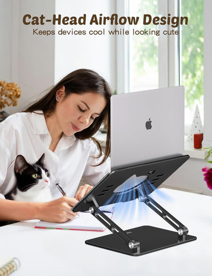 Aoviho Laptop Stand for Desk – Adjustable Aluminum Laptop Riser with Unique Cat-Shaped Cooling Vent, Portable Desk Gift & Decor, Compatible with MacBook Air Pro, Dell, HP, Lenovo (10"-17.3"), Black