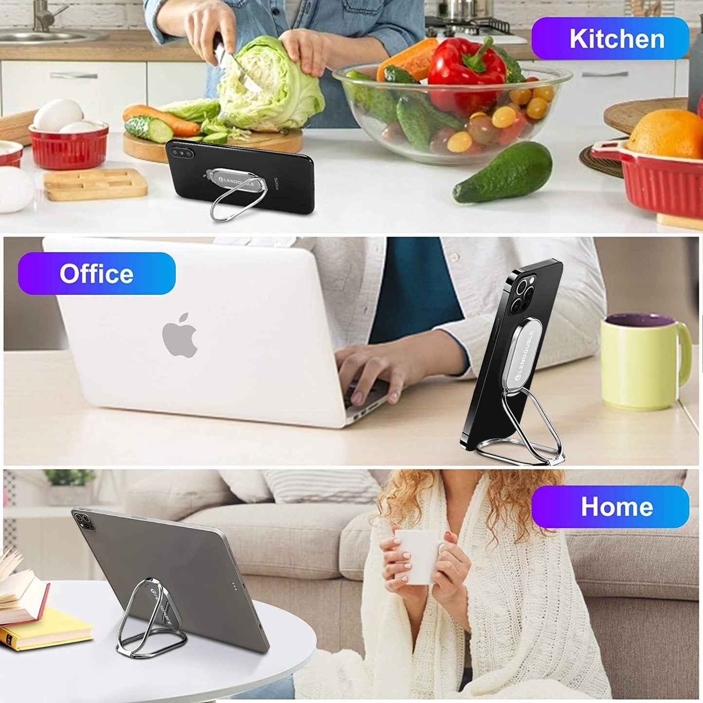 Foldable Cell Phone Stand for Desk, Adjustable Cellphone Ring Holder Finger Kickstand for Office Desktop & Magnetic Car Mount, Rotatable Multi-Angle Hand Grip for iPhone 16 15 Smartphones Back Case