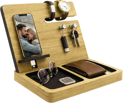Namore Nightstand Organizer for Men – Wood Phone Docking Station & Bedside Valet Tray Organizer for Wallet, Watch & Keys – Unique Gifts for Men, Husband, Dad
