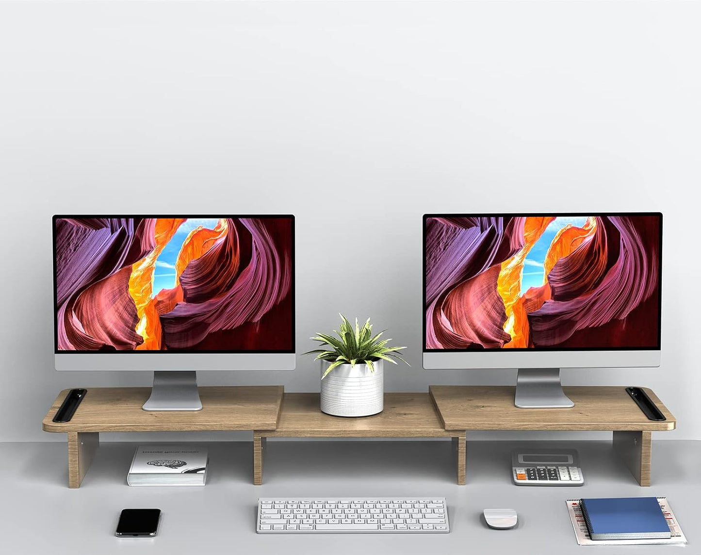 Zimilar Dual Monitor Stand Riser, Monitor Stand with Adjustable Length and Angle, Wood Monitor stand for desk, Monitor Riser for 2 monitors with Storage Space(Rust Brown Large)