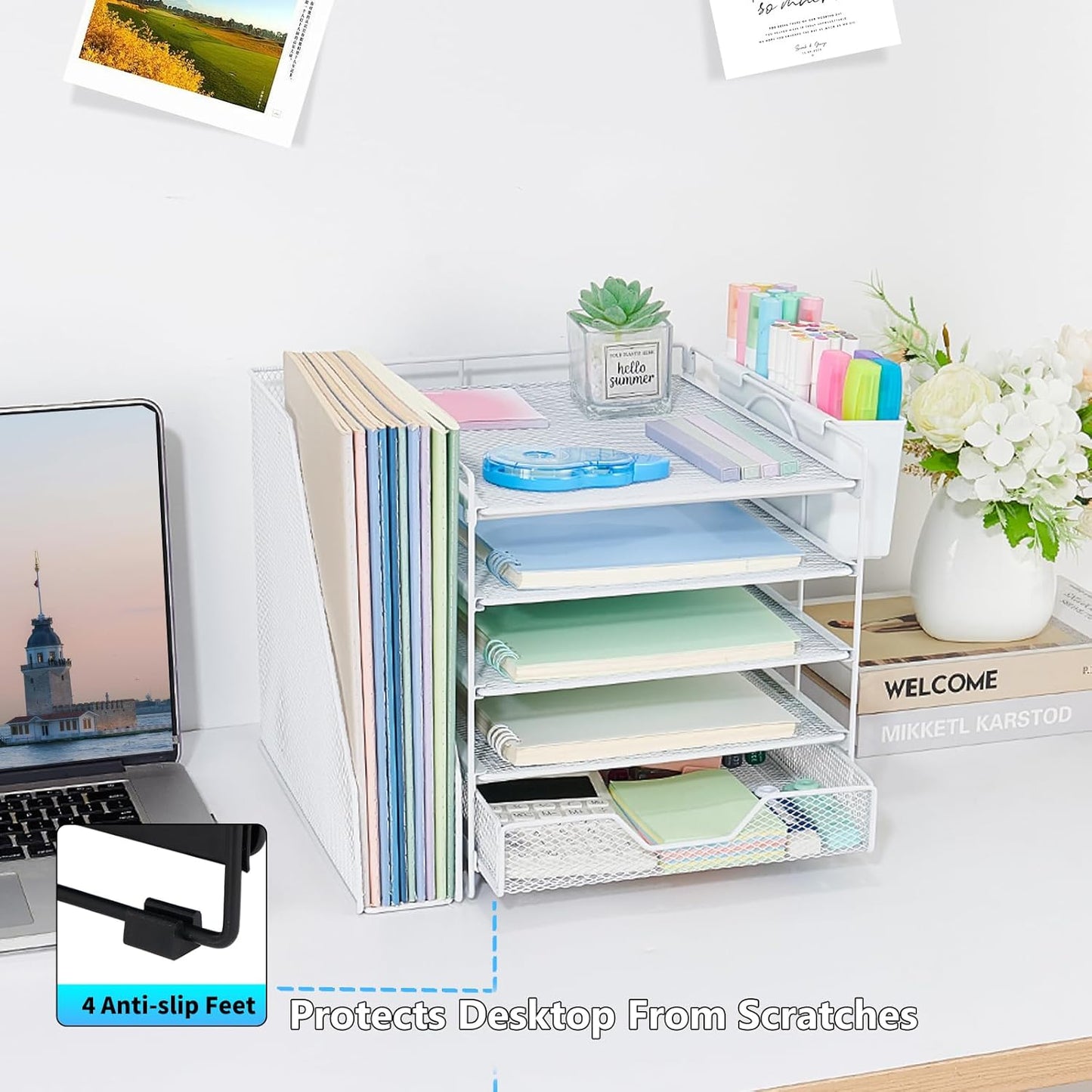 Desk Organizer, 5-Tier Paper Letter Tray Organizer with File Holder, Drawer and Pen Holder, Desktop Organizer for Office Supplies, Black