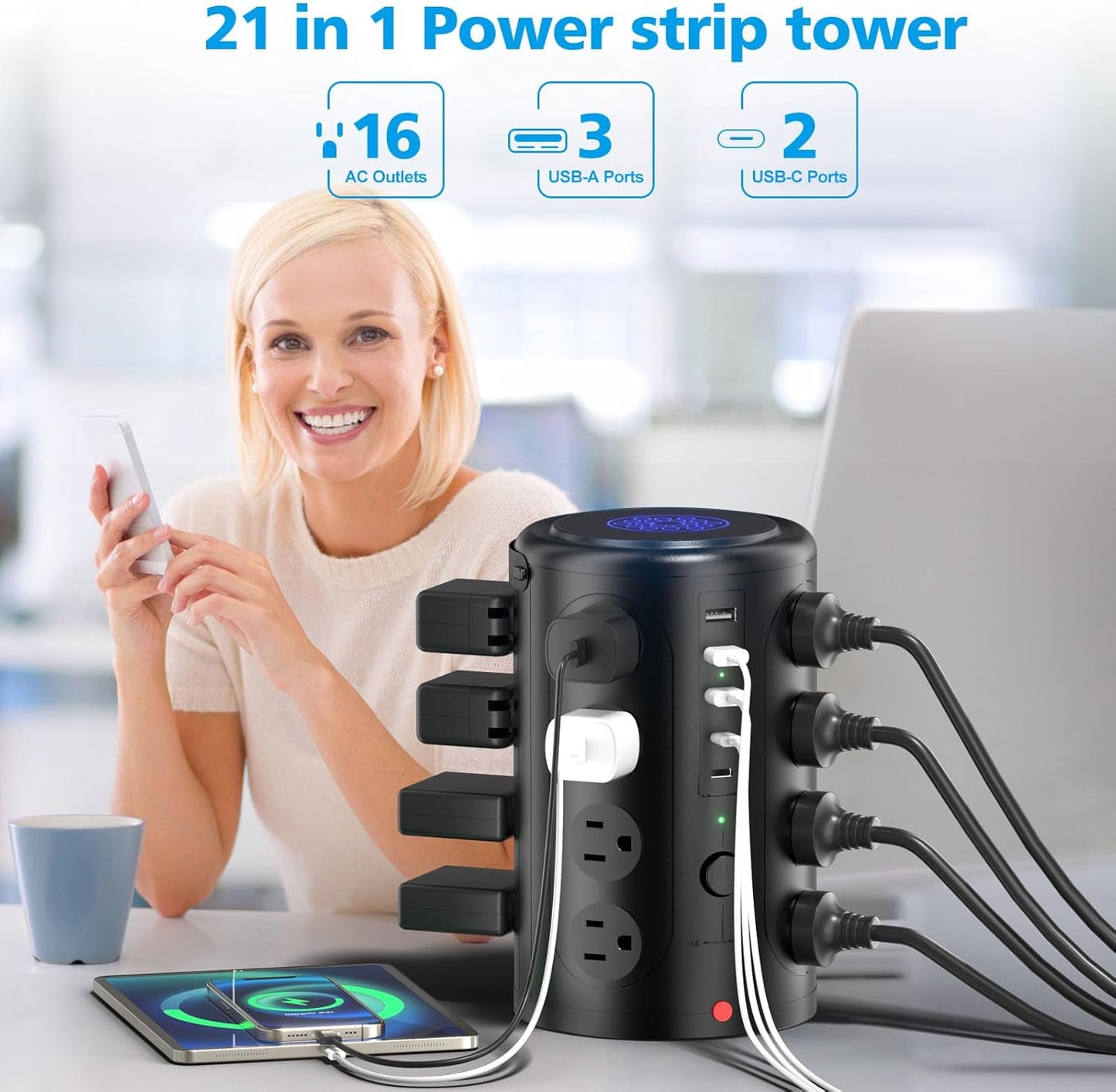 Surge Protector Power Strip - Desk Charging Station with 15W Wireless Charger, Multiple Outlets Charging Station with 16 2300J AC Outlets & 5 USB (2 USB C) Port, for Home, Office, Dorm Room