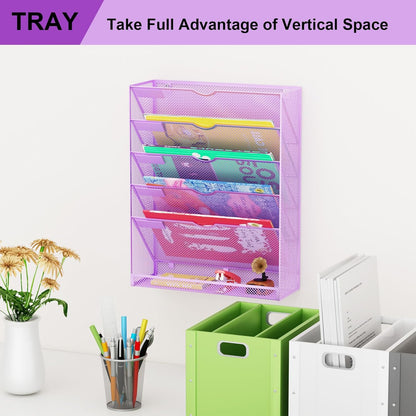 Wall File Organizer Holder Mesh Hanging Paper Document Holder,Vertical 6 Pocket Tier for Office Home, Black