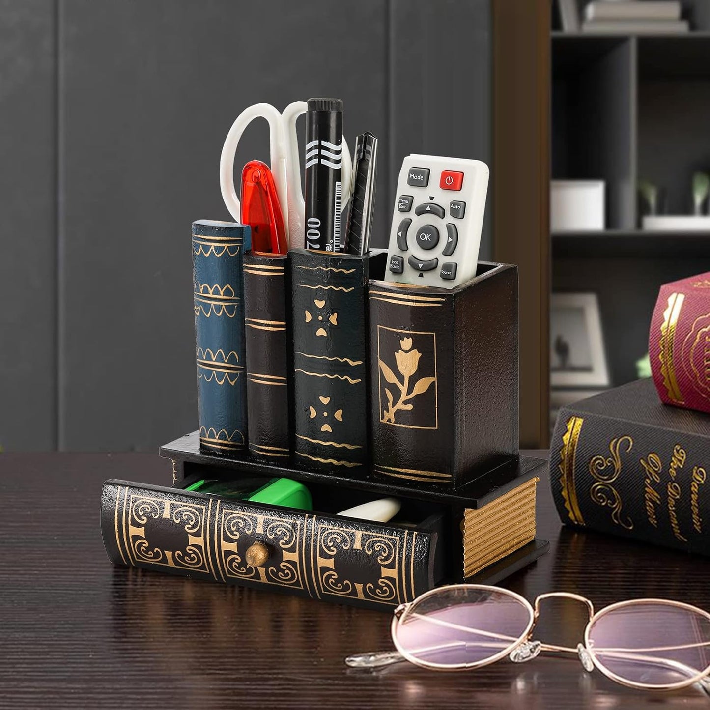 Tosnail Decorative Pen Holder with Storage Drawer, Wooden Pencil Holder Organizer, Antique Library Books Design Pen Cup Caddy, Desk Organizer for Office Supplies, Countertop, Desk, Table Accessory