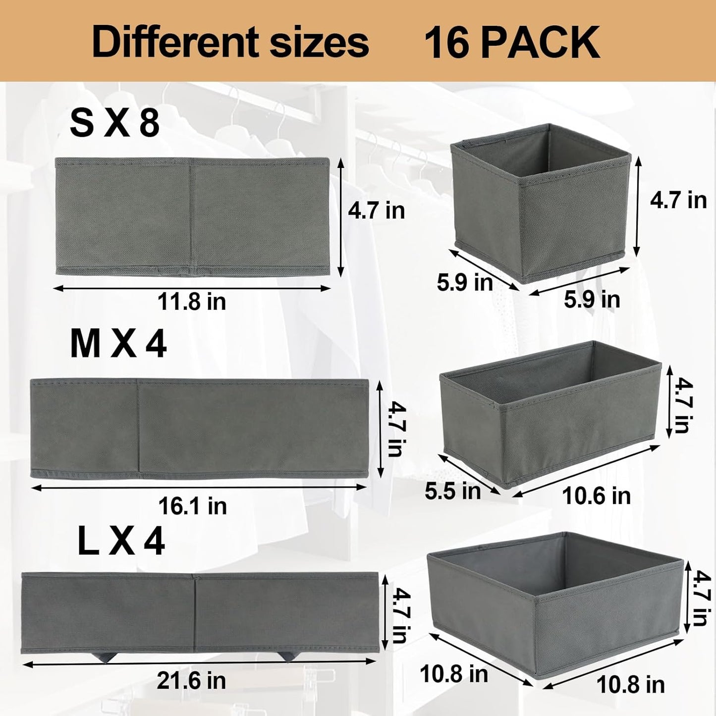 Fordonral 12 Pack Drawer Organizer Clothes, Foldable Fabric Dresser Organizer Closet Organizers and Storage Box for Underwear,Folded Clothes,Baby Clothing,Socks,Bra,Towels,Ties(12 Pack,Gray)