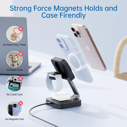 RYND 2026 Traveling Wireless Mag-Safe Fast Charging Station,Magnetic 3 in 1 Charger with iPhone 17 16 15 14 13 12 Pro Max Plus,Apple Watch Series & Air pods 4 3 2 Pro-Gifts for Wife & Husband(White)