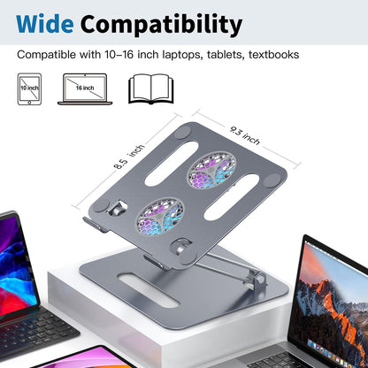 YICOSUN Adjustable Laptop Cooling Stand with 2 Quiet Fans & RGB Lighting, Aluminum Alloy & Foldable Ergonomic Design for MacBook, Lenovo, ASUS, Dell 10-16 Inch, Perfect for Gaming, DJ, Office - Silver