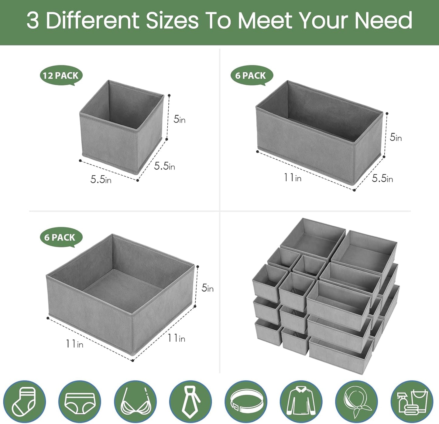 Criusia Drawer Organizer Clothes, 8 Pack Underwear Organizer, Foldable Closet Organizers and Storage Dresser Dividers for Clothes, Socks, Scarves, Ties (Gray)