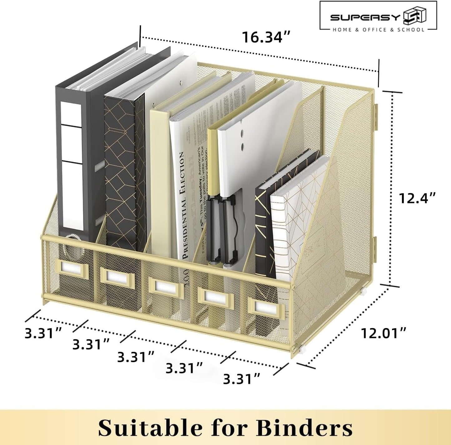 SUPEASY Desk Organizers Metal Desk Magazine File Holder with 5 Vertical Compartments Rack File Organizer for Office Desktop, Classroom, Home Workspace, Black