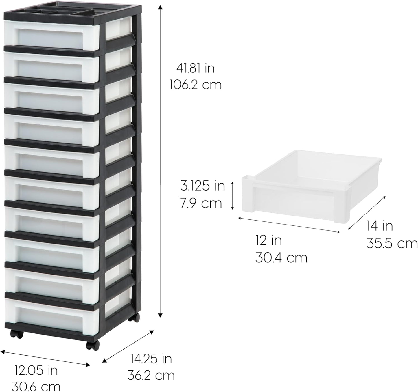 IRIS USA Plastic Drawer Storage Organizer Rolling Cart, with Wheels Casters, 4-Drawers, for Classroom Art Craft Supplies Dresser Closet Bathroom Laundry Room, Black/Pearl