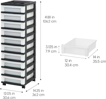 IRIS USA Plastic Drawer Storage Organizer Rolling Cart, with Wheels Casters, 4-Drawers, for Classroom Art Craft Supplies Dresser Closet Bathroom Laundry Room, Black/Pearl