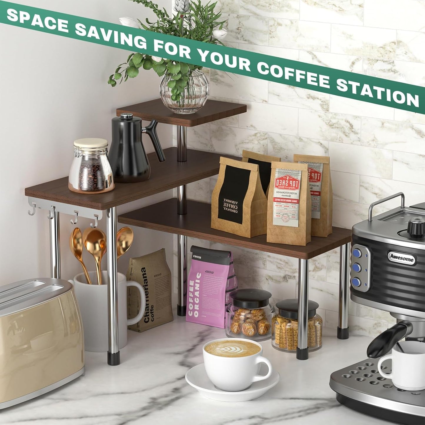ZHWS Kitchen Countertop Organizer Spice Rack for Salt, Bathroom Counter Organizer Over Sink for Makeup, Skincare, Adjustable 3-Tier Corner Counter Shelf with 4 Hooks for Coffee Bar Dresser Table