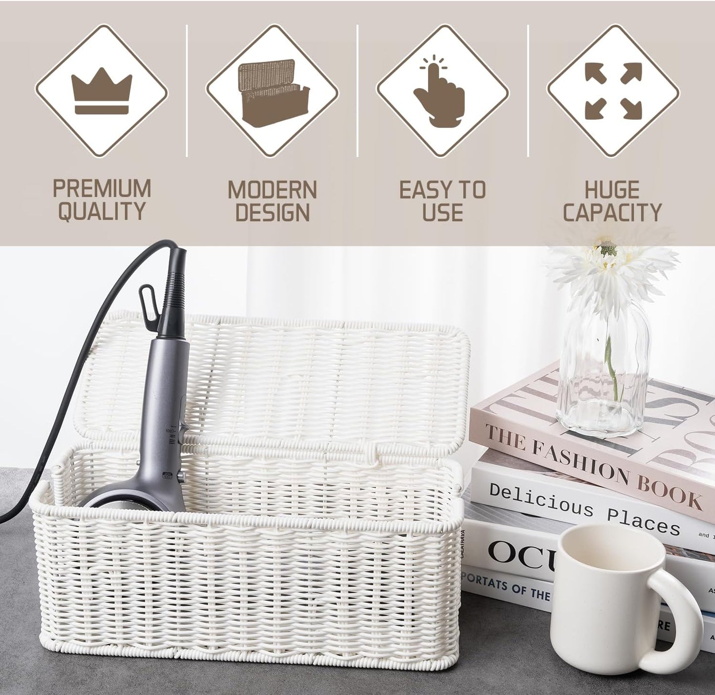 Cable Management Box, Handmade Rattan Cable Organizer with 2 Open Slots, Cord Hider for Power Strip, Router & USB Hub, Registered U.S. Design Patent (D1,112,102), 13" x 5.1" x 5.1", Natural